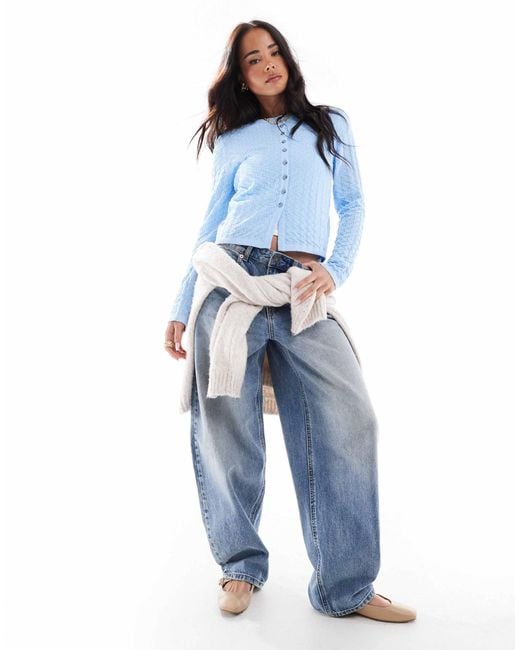 ASOS Blue Textured Knitted Stitch Detail Crew Neck Cardigan