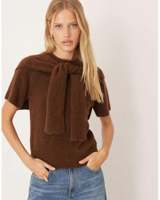 Mango Brown Knitted Top With Scarf Detail