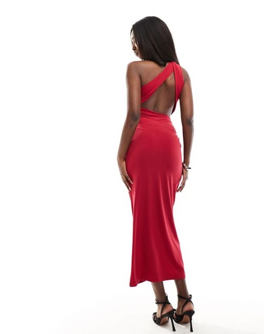 ASOS Red One Shoulder Cut Out Drapey Midi Dress