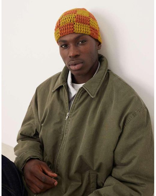 ASOS Green Knitted Crochet Checkerboard Skull Beanie for men