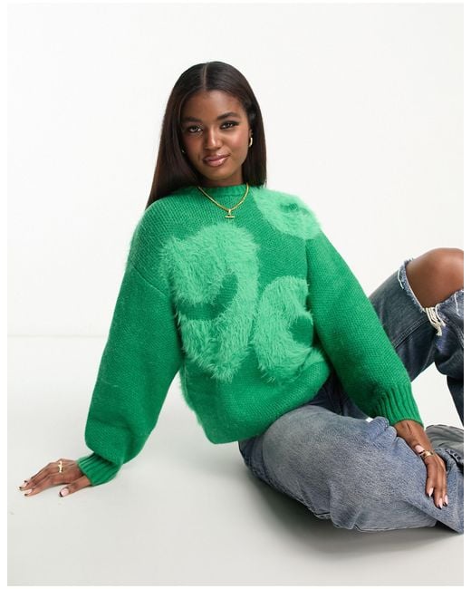 Urban Revivo Green Heart Faux Fur Knitted Sweater