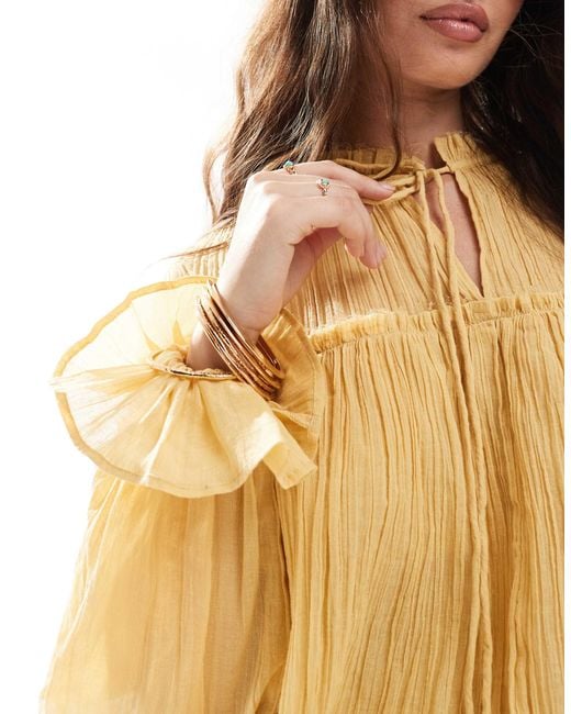 ASOS Multicolor Tie Neck Ruffle Detail Crinkle Long Sleeve Smock Top