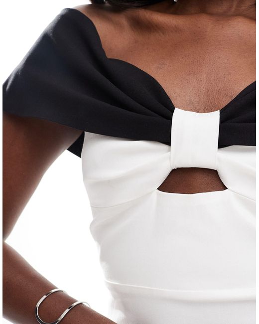Vesper White Bardot Contrast Bow Front Detail Midaxi Dress