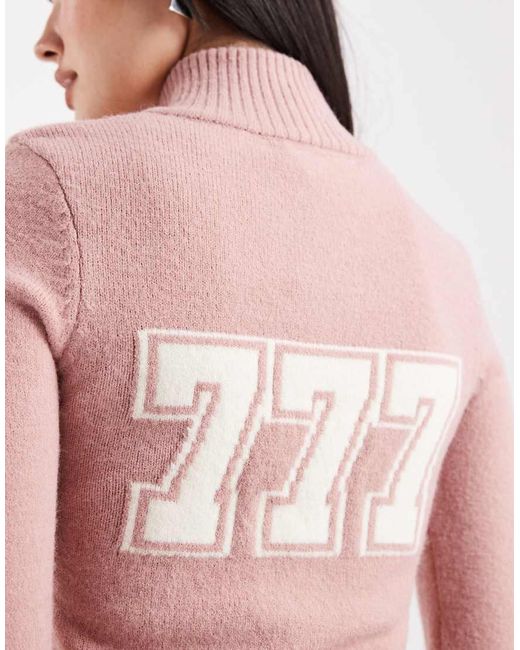 Daisy Street Pink Zip Up High Neck Angel Number Knit Sweater