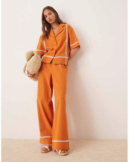 ASOS Orange Linen Blend Short Sleeve Shirt With Contrast Trim