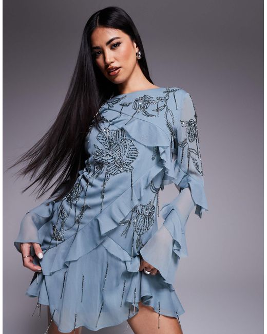 ASOS Blue Raw Edge Ruffle Embellished Mini Dress With Open Back