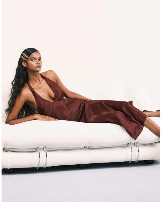 ASOS Brown Satin Halter Bias Maxi Dress