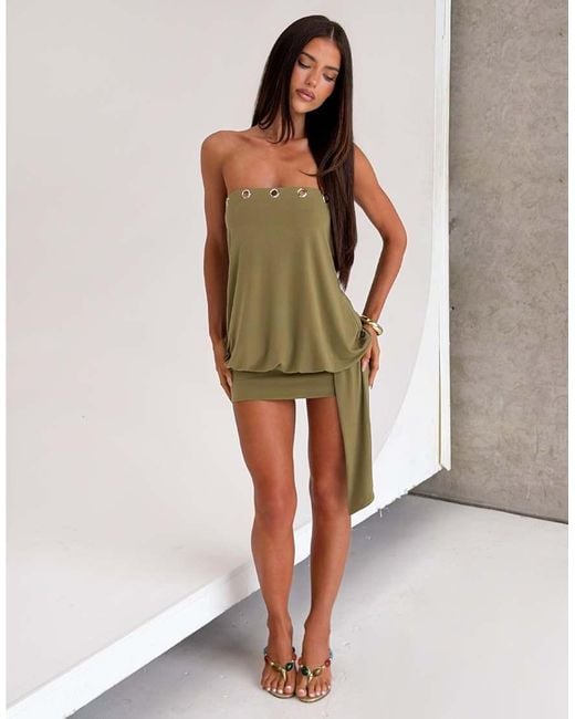 Tiger Mist Green Ravenna Bandeau Jersey Eyelet Detail Cinched Skirt Drape Detail Mini Dress