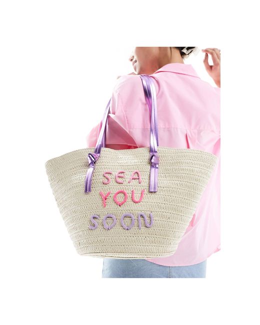 South Beach Pink Straw Basket Shoulder Bag With Embroidered Detail