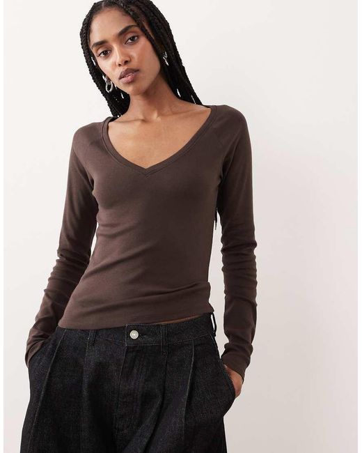 Gina Tricot Black Pure Cotton V Neck Long Sleeve Top
