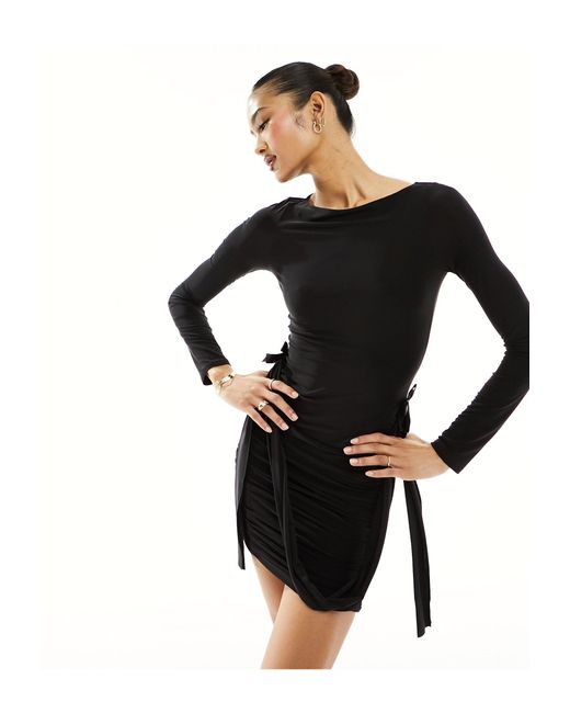 Fashionkilla Black Slinky Ruched Bodycon Bow Drape Detail Mini Dress
