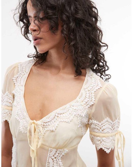Reclaimed Vintage Natural Chiffon Tea Top With Lace Trim