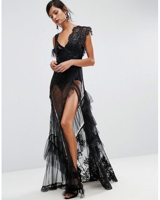 ASOS Black Salon Lace Patchwork Maxi Dress With Bodysuit
