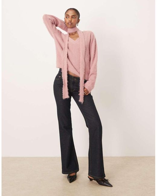 Motel Pink Dikara V-neck Fluffy Slouchy Jumper With Matching Scarf