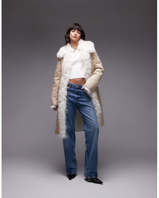 Mango Blue Borg Lined Longline Coat