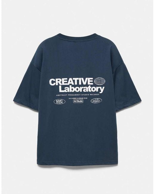 Pull&Bear Blue Creative Laboratory Graphic T-shirt for men