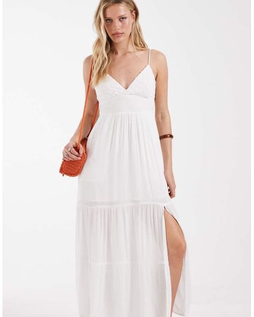 Hollister White Embroidered Strappy Tiered Maxi Dress