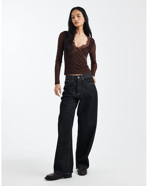 ASOS Black Mesh Lace Trim Plunge Long Sleeve Top