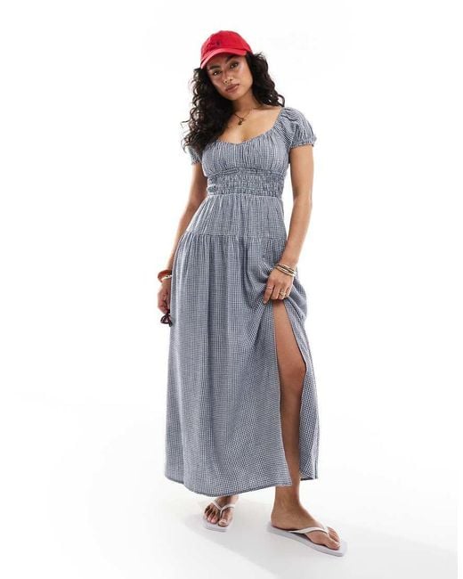 Vestido Largo Azul Pícnic De Estilo Mesonera Y Manga Corta Con Cinturilla Amplia De Hollister de color Blue