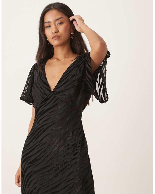 Six Stories Black Flutter Sleeve V-neck Asymmetric Dropped Hem Maxi Dress