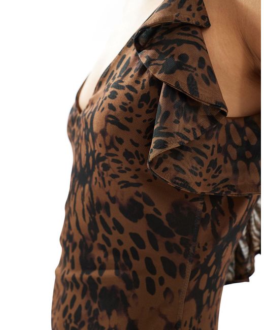ASOS Brown Mesh Cami Maxi Dress With Ruffle Back Detail