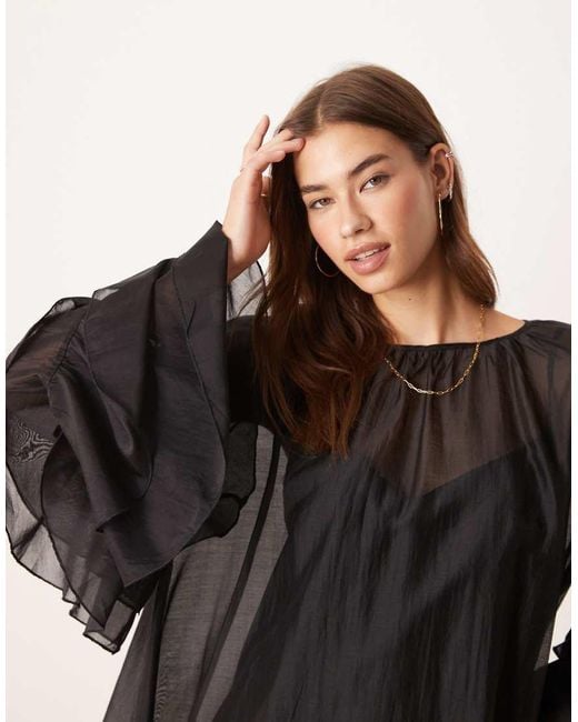 Glamorous Black Boho Ruffle Chiffon Mini Dress