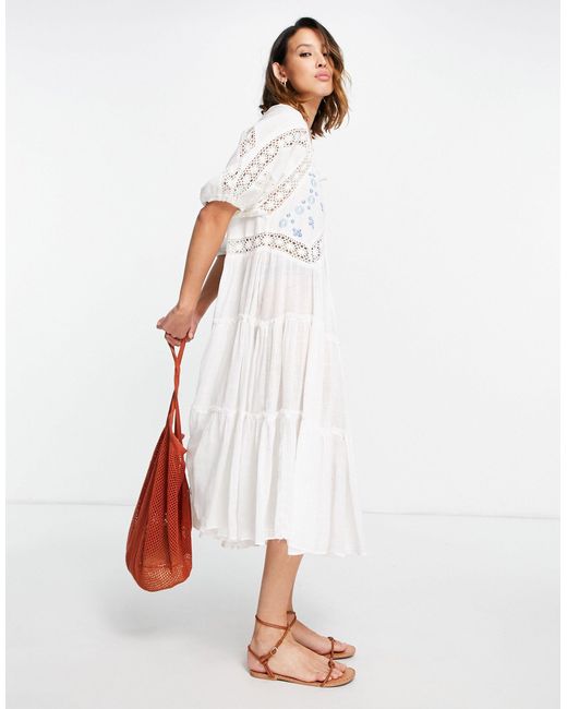 Free People White Delilah Embroidered Midi Dress