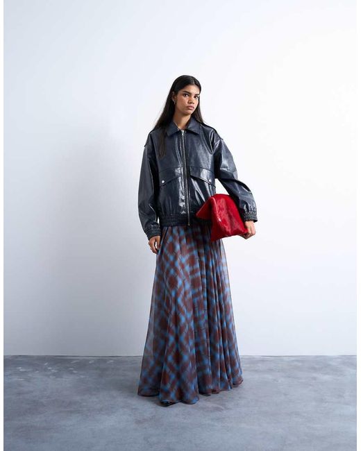 TOPSHOP Blue Faux Leather Washed Bomber Jacket