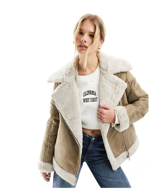French Connection Natural Faux Leather Aviator Jacket