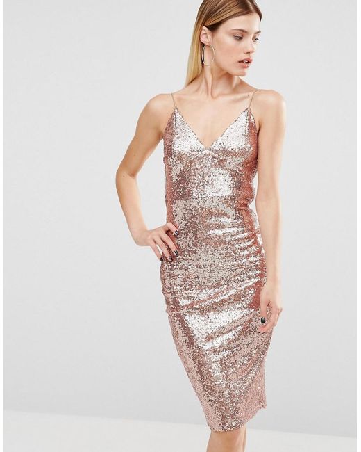 Club L London Metallic Rose Gold Sequin Cami Strap Midi Dress