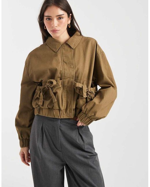 Miss Selfridge Green Cotton Zip Through Jacket With Bow Detail