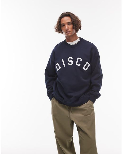 Topman Blue Oversized Fit Sweatshirt With Disco Applique Embroidery for men
