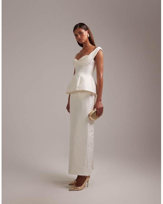 ASOS Brown Ruched Off Shoulder Structured Midaxi Wedding Dress