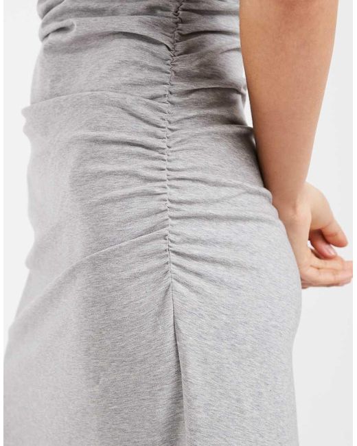 & Other Stories White Ruched Asymetric Hem Jersey Midi Dress