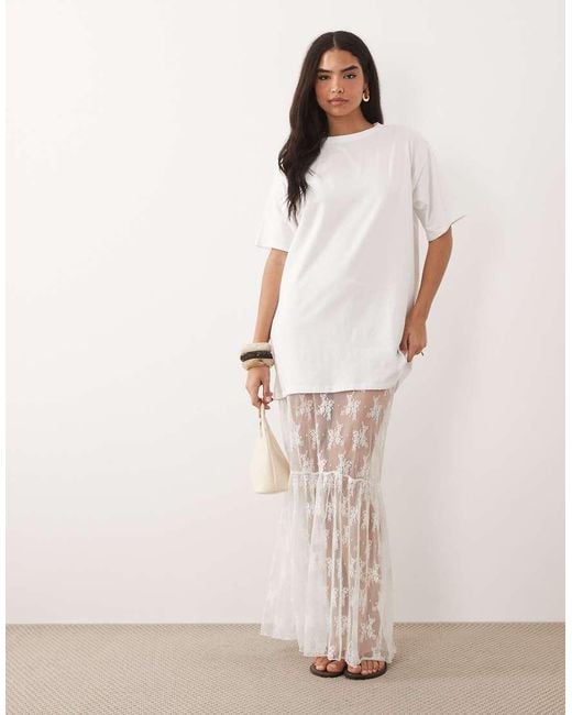 Fashionkilla White Exclusive Cotton Lace Tiered Hem Maxi T-shirt Dress