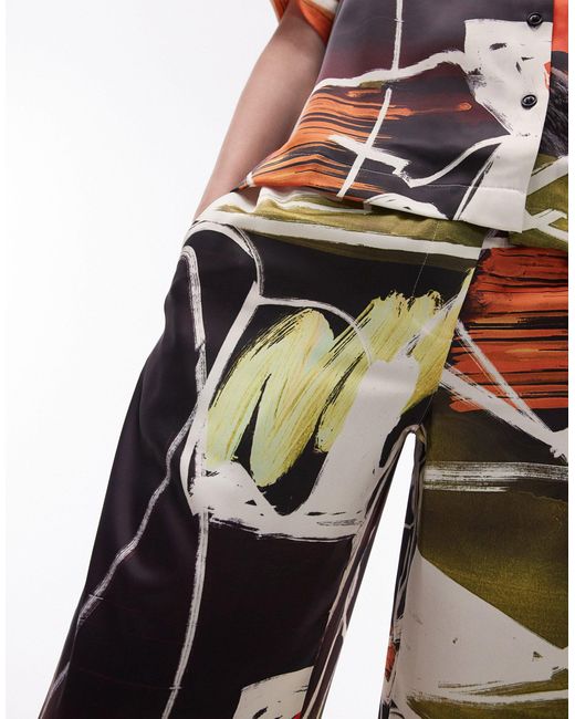 Pantalon d'ensemble en satin à imprimé artistique abstrait TOPSHOP en coloris White