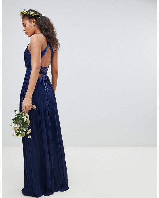 tfnc pleated maxi bridesmaid dress with cross back and bow detail