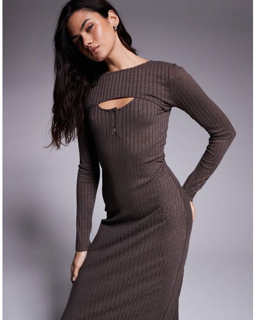 Robe longue côtelée à manches longues et encolure dégagée boutonnée avec gilet - chocolat ASOS en coloris Brown