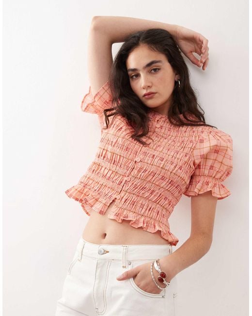 Reclaimed (vintage) Pink Western Top With Shirring Detail And Puff Sleeve