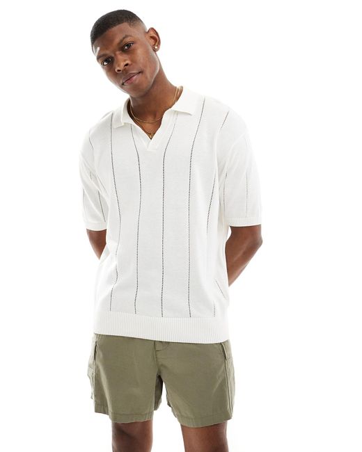 Bershka White Textured Knitted Polo Shirt for men