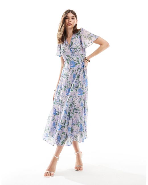 & Other Stories Blue Flutter Sleeve Midi Dress With Tiered Hem