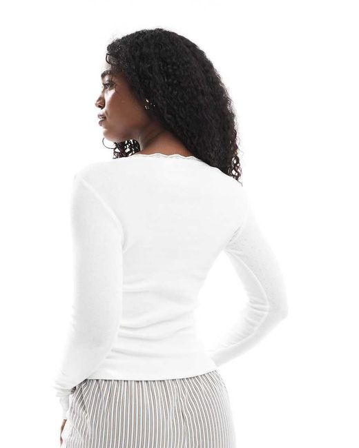 Cotton On White Cotton On Lace Trim Long Sleeve Waffle Sleep Top