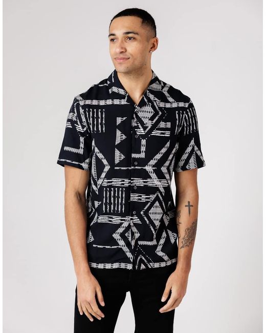 French Connection Black Geometric Print Short Sleeve Shirt for men