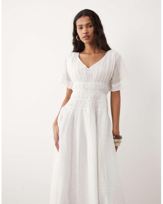 ASOS Natural Smock Maxi Dress With Techy Fabric With Shirred Waist