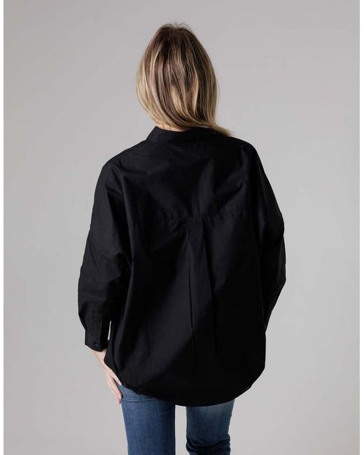 French Connection Black Cotton Long Sleeve Poplin Popover High-Low Hem Shirt