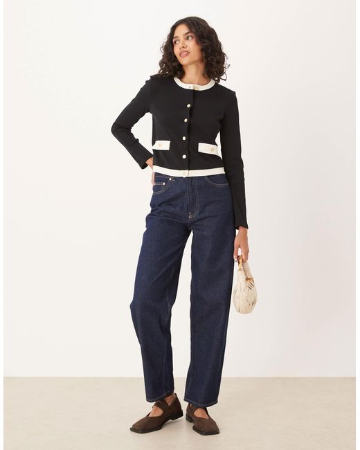Mango Blue 100% Cotton Contrast Trim Cardigan With Gold Buttons