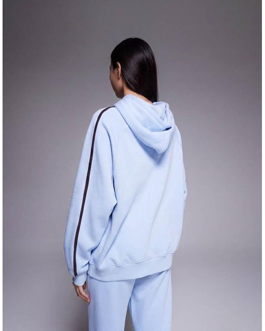 Kaiia Blue Cotton Rich Embroidered Logo Contrast Stripe Detail Oversized Hoodie