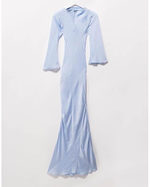 ASOS Blue Long Sleeve Dropped Belt Satin Maxi Dress