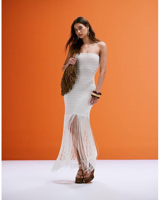 4th & Reckless Orange Bandeau Fringed Hem Crochet Mini Dress