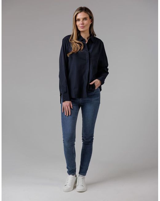 French Connection Blue Cotton Long Sleeve Chest Pocket Poplin Popover High-Low Hem Shirt